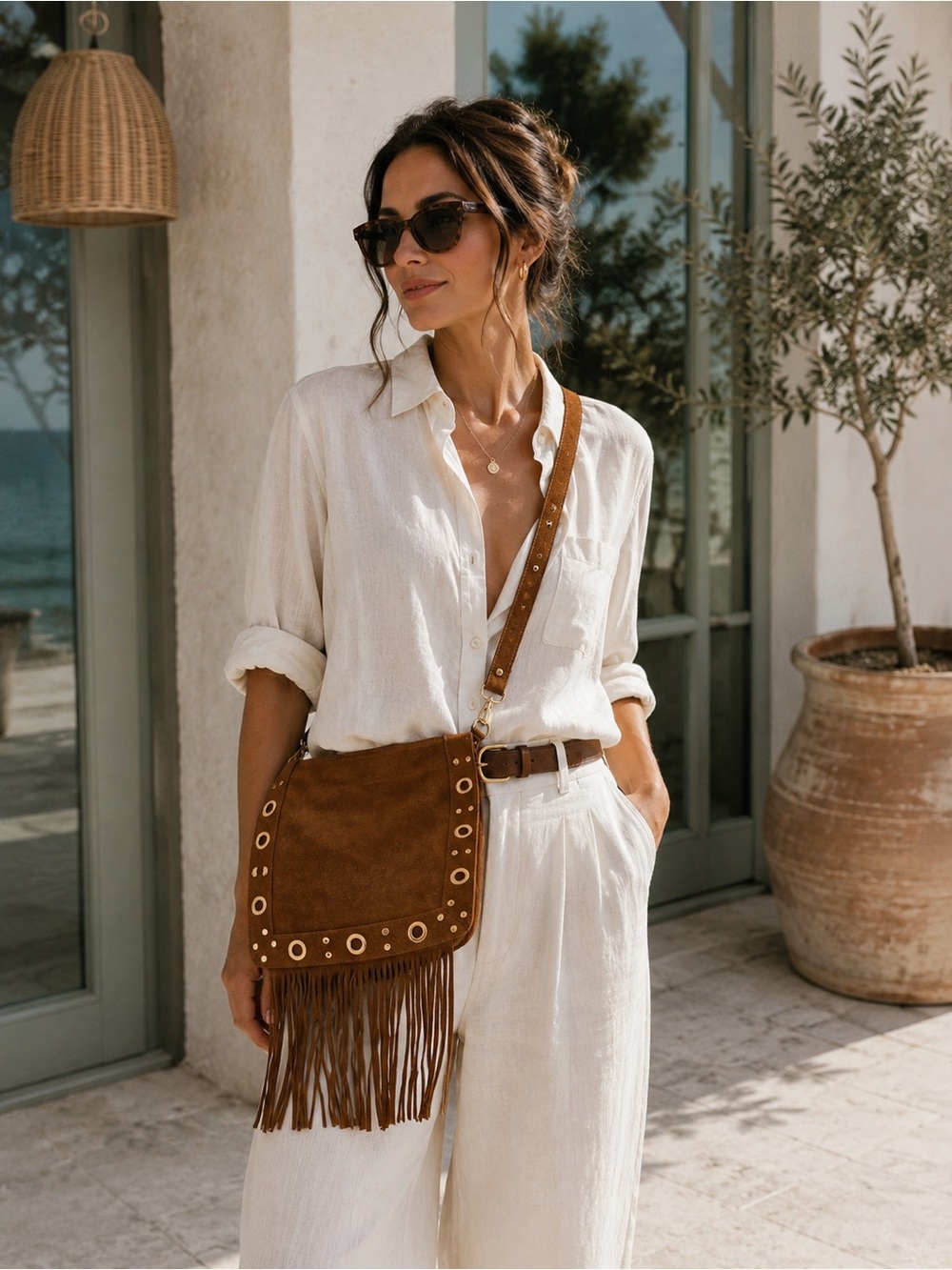 Marlon Italy Suede Fringe Crossbody Bag Camel Gold Studded Leather NWT
